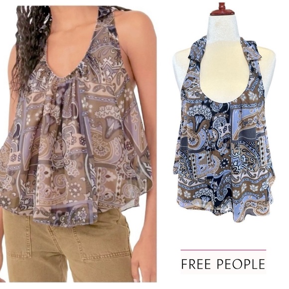 Free People Flowy Flow Racerback Tank Blouse Size Medium Boho Blue Brown - Picture 1 of 16